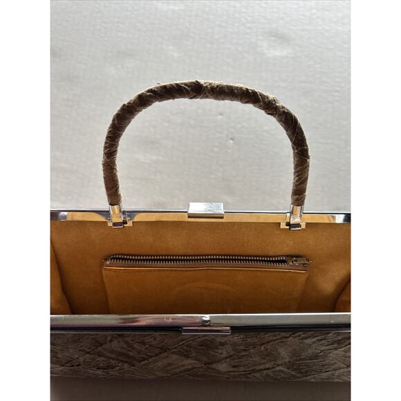 Vintage Metal Framed Clutch Brushed Earth Tone Material Yellow Velvet Lined 1950 - Picture 7 of 9